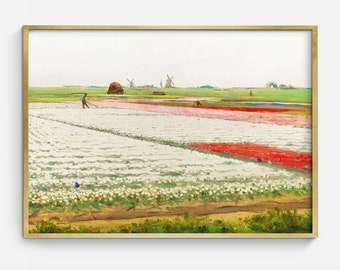 Vintage Flower Field Oil Painting Arte stampabile, Cottagecore Opere d'arte floreali, Antico paesaggio floreale Arte digitale Download