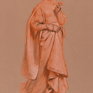 K&ouml;nnte beinhalten: Eine handgezeichnete Illustration einer Person, die eine lange, flie&szlig;ende Robe mit einem dekorativen Besatz tr&auml;gt. Die Person h&auml;lt einen kleinen Blumenstrau&szlig; in der Hand.