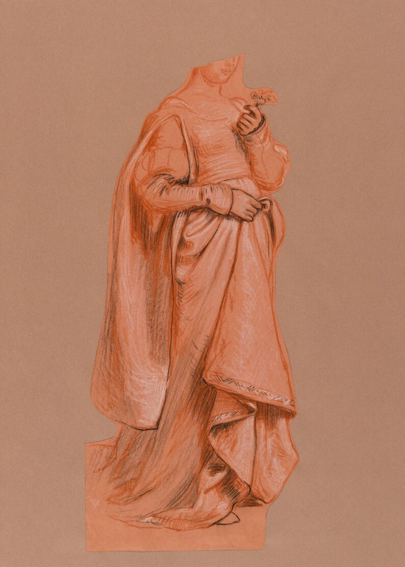K&ouml;nnte beinhalten: Eine handgezeichnete Illustration einer Person, die eine lange, flie&szlig;ende Robe mit einem dekorativen Besatz tr&auml;gt. Die Person h&auml;lt einen kleinen Blumenstrau&szlig; in der Hand.