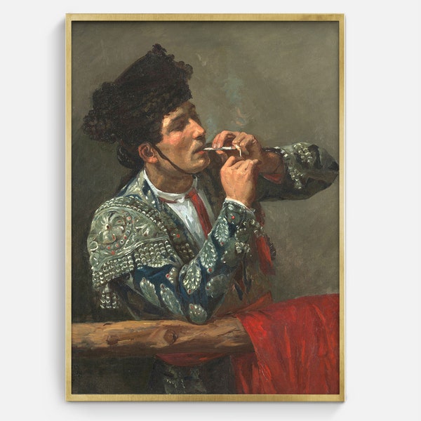 Avoir une fumée | peinture vintage de l’homme fumant, taureau combattant avec cigarette, portrait antique de l’homme matador, torero art imprimable