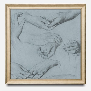 May include: A framed drawing of five hands in various poses, rendered in black and white on a blue background.
