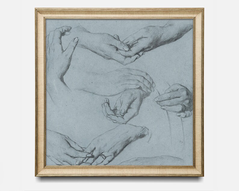 May include: A framed drawing of five hands in various poses, rendered in black and white on a blue background.