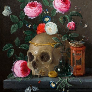 May include: A still life painting featuring a human skull adorned with a gold wreath, surrounded by pink roses, white and red flowers, and butterflies. An hourglass and a glass bottle are also included in the composition.