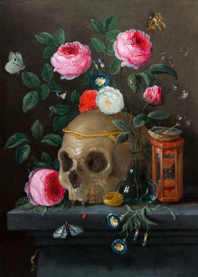 May include: A still life painting featuring a human skull adorned with a gold wreath, surrounded by pink roses, white and red flowers, and butterflies. An hourglass and a glass bottle are also included in the composition.