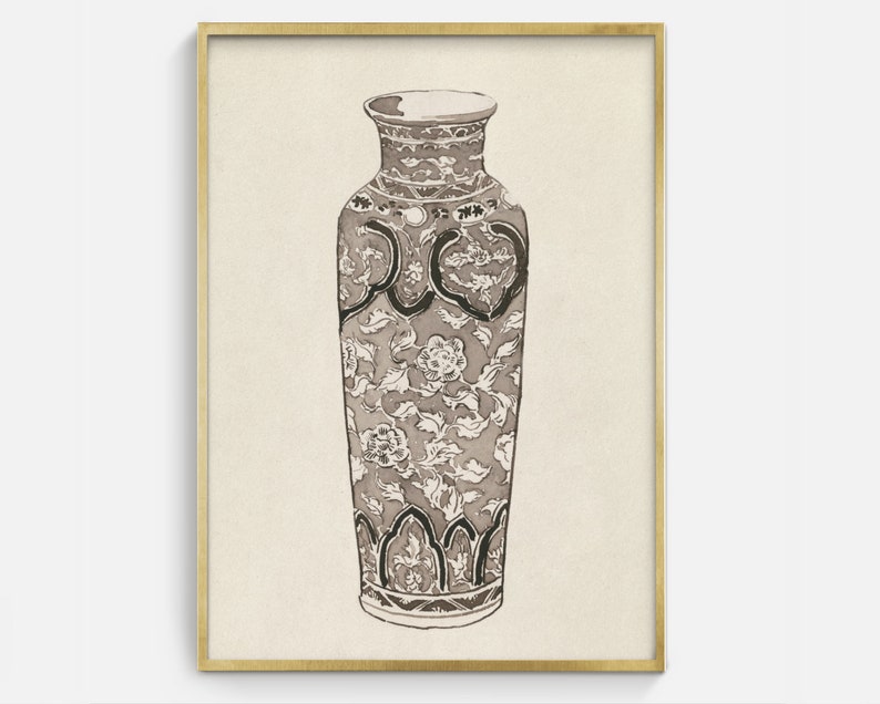 May include: A black and white illustration of a decorative vase with a floral pattern. The vase is tall and slender with a rounded base and a narrow neck.