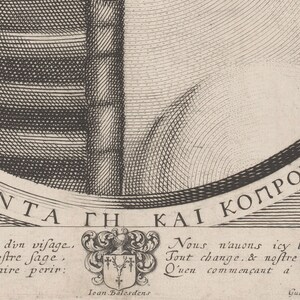 May include: A detailed black and white engraving featuring text in Greek and French. The image includes a decorative crest and various lines and patterns, suggesting an antique map or historical document.