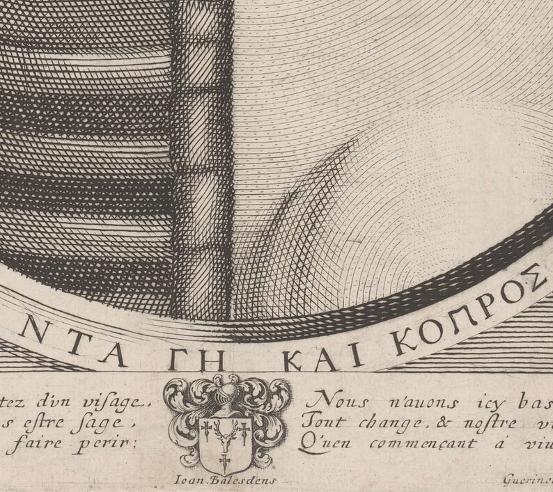 May include: A detailed black and white engraving featuring text in Greek and French. The image includes a decorative crest and various lines and patterns, suggesting an antique map or historical document.