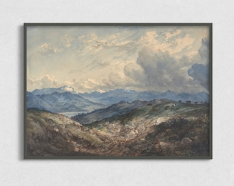 Vintage Landscape Art Printable, Antique Mountain Painting Digital Download