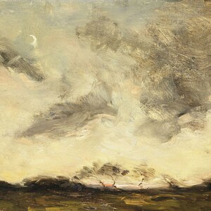 May include: A painting of a landscape with a crescent moon in the sky. The sky is a light blue with white clouds. The landscape is a dark green with a few trees in the foreground.