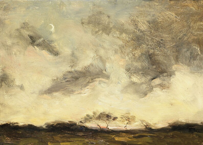 May include: A painting of a landscape with a crescent moon in the sky. The sky is a light blue with white clouds. The landscape is a dark green with a few trees in the foreground.