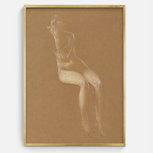 K&ouml;nnte beinhalten: Eine wei&szlig;e Kreidezeichnung einer nackten Figur, die mit gekreuzten Beinen sitzt, auf braunem Papier.