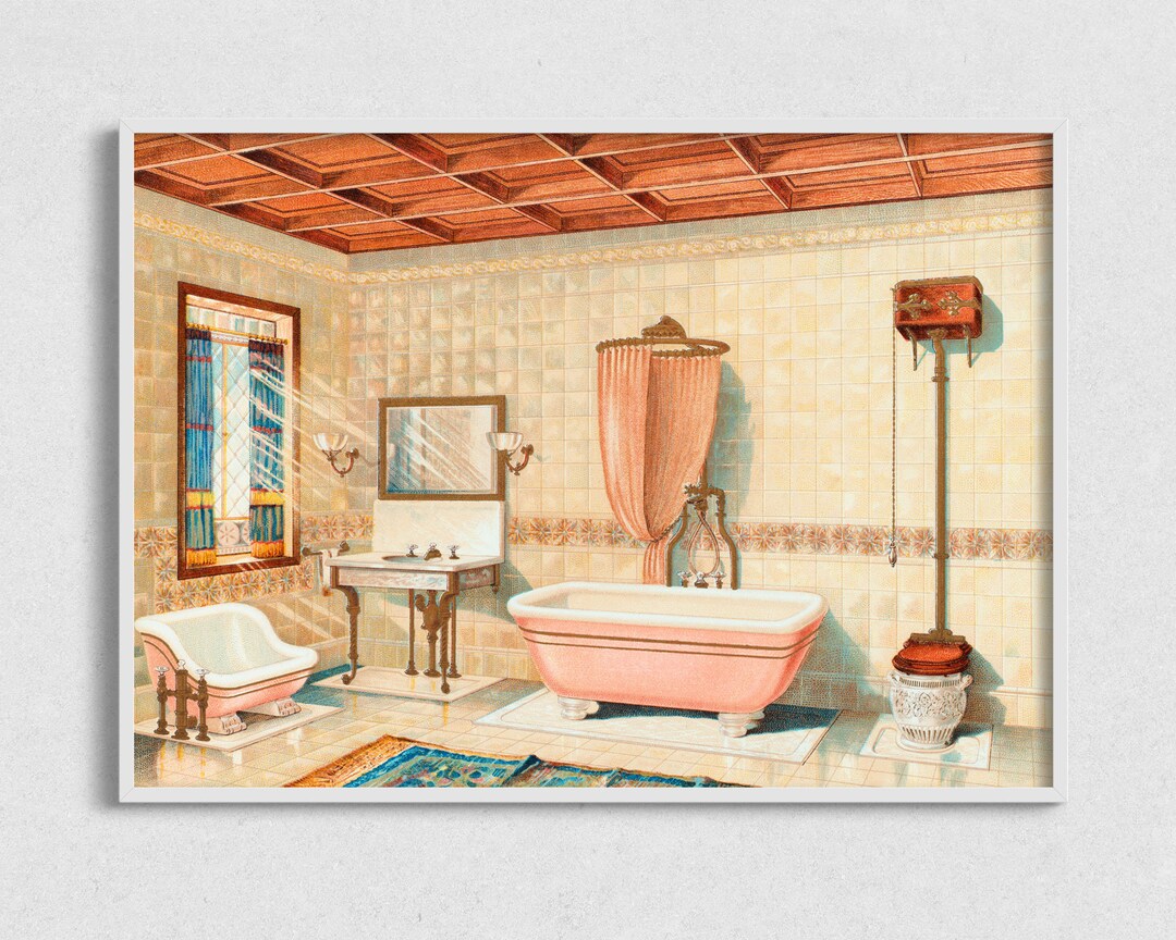 Printable Pink Bathroom Drawing Vintage 50s Interior Design - Etsy