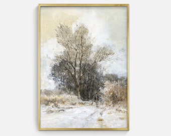 Tableau vintage paysage enneigé : impression d'art d'arbres en hiver (téléchargement numérique)
