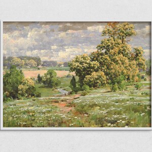 Vintage Landscape Painting, Vintage Art Prints, Summer Landscape Wall Art, Spring Blossoms Artwork, Farmhouse Decor, Country Landscape
