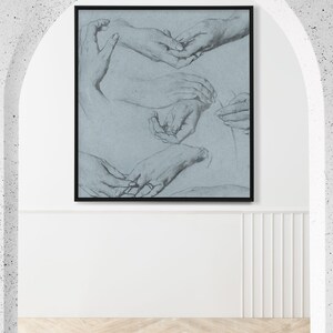 May include: A black and white drawing of several hands in various positions, framed in a black frame.