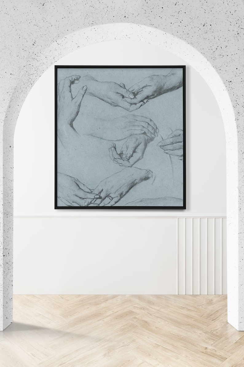 May include: A black and white drawing of several hands in various positions, framed in a black frame.