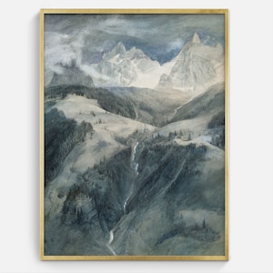 Vintage Landscape Printable Art, Digital Mountain Painting Download