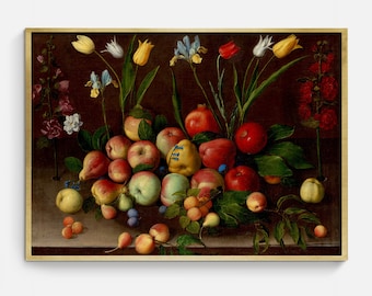 May include: A still life painting featuring a variety of fruits, including apples, pears, and pomegranates, arranged on a table with a dark background. The fruits are surrounded by flowers, including tulips, irises, and snapdragons.