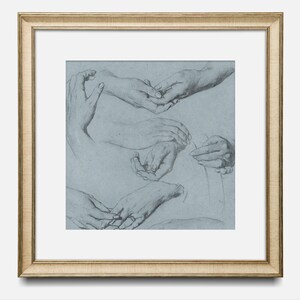 May include: A black and white drawing of several hands in different positions. The drawing is on a blue background.