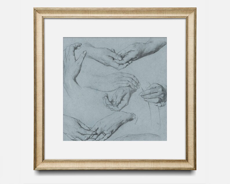 May include: A black and white drawing of several hands in different positions. The drawing is on a blue background.
