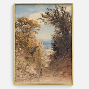 Landscape Painting Download Vertical, Printable Vintage Landscape with Dog, Shore Wall Art Digital Download