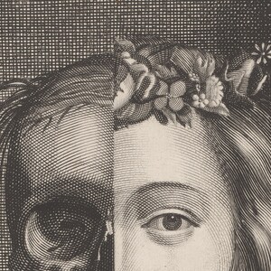 May include: A black and white illustration depicting a split face. One side shows a human skull, the other a woman's face adorned with a floral crown. The artwork is detailed with cross-hatching.