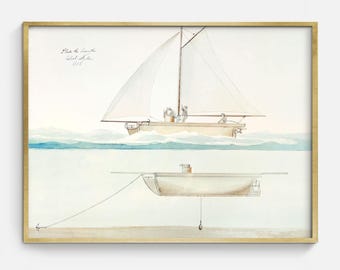 Printable Sailing Artwork, Vintage Sail Boat Blueprint Drawing, Nautical Gifts for Dads