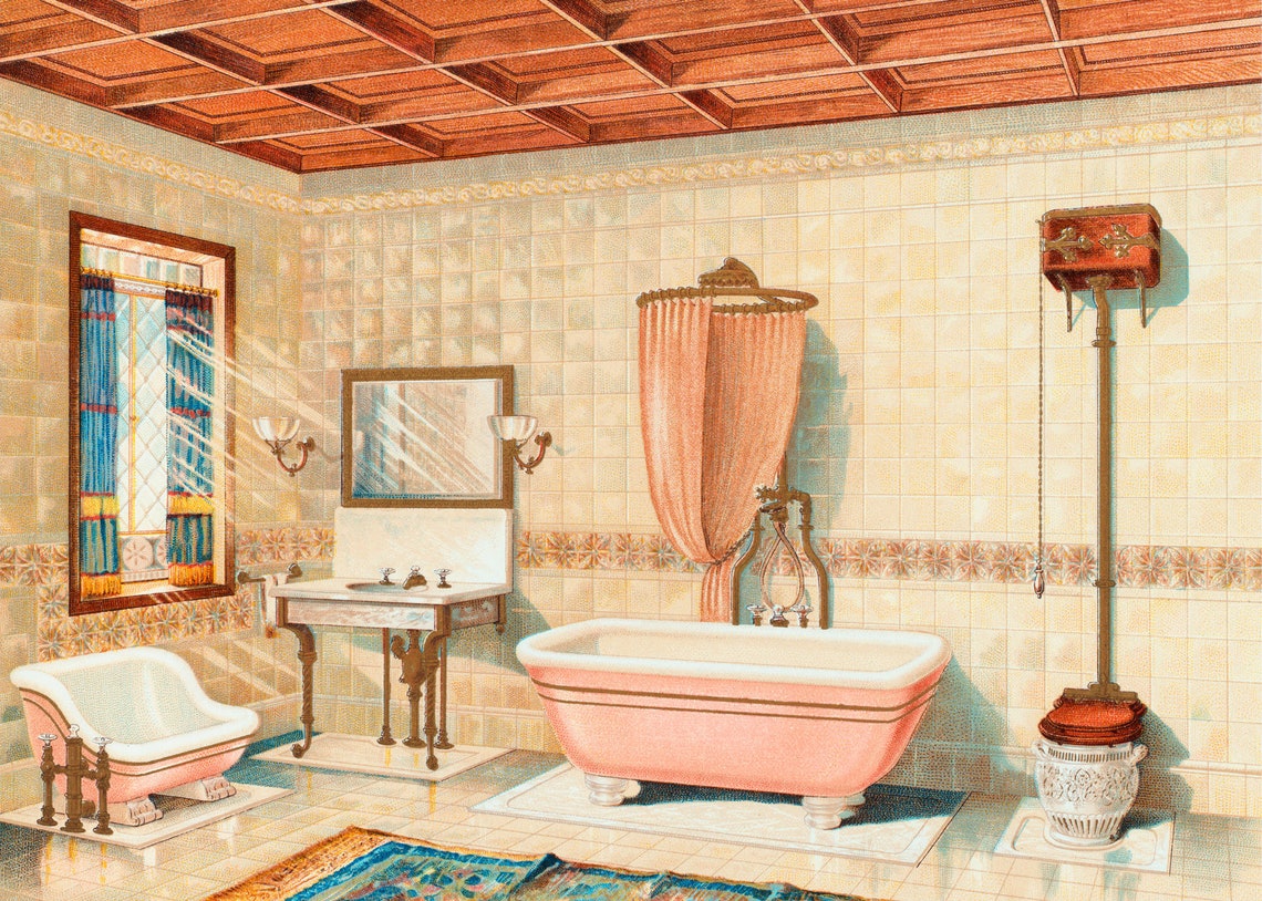 Printable Pink Bathroom Drawing Vintage 50s Interior Design - Etsy