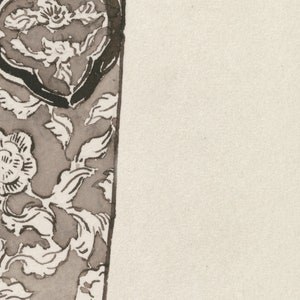 May include: A black and white floral pattern with a dark brown background. The pattern features stylised flowers and leaves.