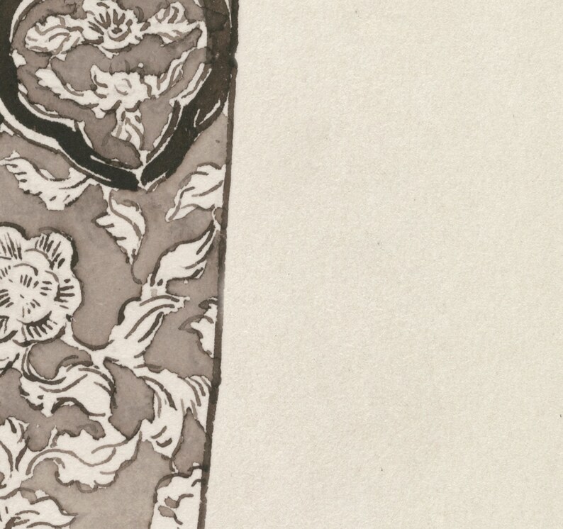 May include: A black and white floral pattern with a dark brown background. The pattern features stylised flowers and leaves.
