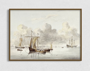 Vintage Nautical Printable Painting, Antique Sailing Ship Painting Digital Download