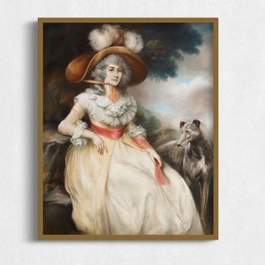 Vintage Painting of Woman and Pet Dog, Digital Antique Portrait of Woman