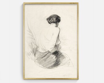 Vintage Woman Sketch Print: Minimalist Portrait Art (Digital Download)