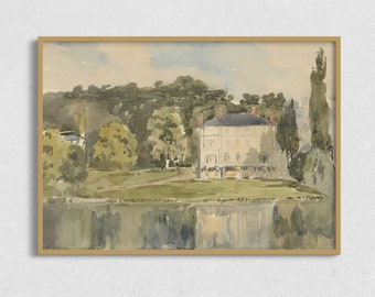 Riverside House Vintage Art Print: Antique Watercolor Painting (Digital Download)