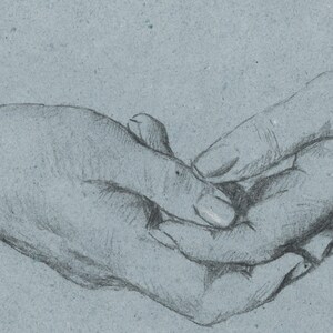 May include: Two hands intertwined, drawn in pencil on a textured blue paper background.