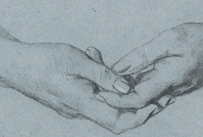 May include: Two hands intertwined, drawn in pencil on a textured blue paper background.