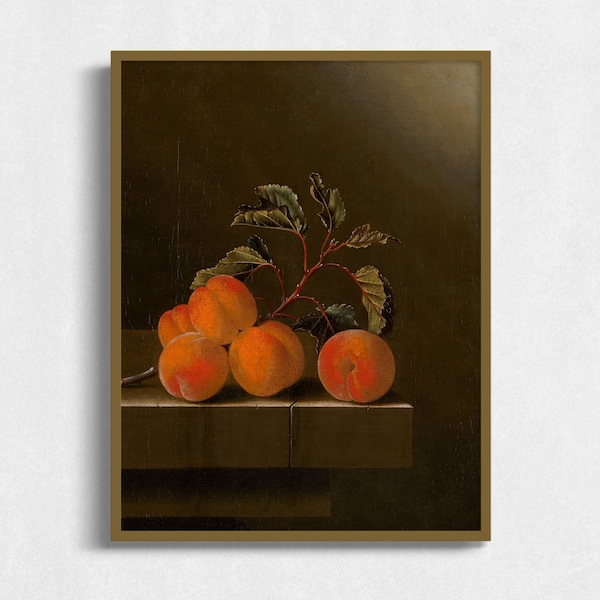 Five Peaches Still Life | Vintage Art Print Download, Moody Antique Oil Painting, Printable Wall Art, Downloadable Antique Fruit Kitchen Art