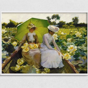 Vintage Painting of Women in Rowboat, Lilly Pad Pond Painting, Antique Summer Day Art, Printable Vintage Painting
