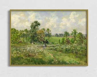Vintage Blumenfeld Landschaftsgemälde: Antike Wiesen-Kunst (Digitaler Download)