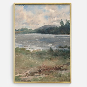 Lakeside Watercolor Vintage Artwork Digital Download, Antique Landscape Printable Art