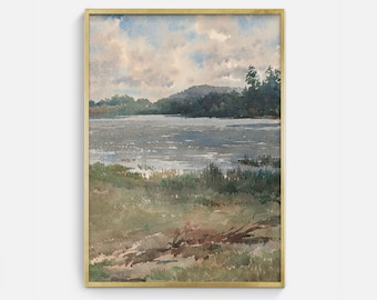 Lakeside Watercolor Vintage Artwork Digital Download, Antique Landscape Printable Art