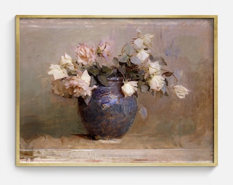 Vintage Rose Oil Painting: Antique Floral Still Life (Digital Download)