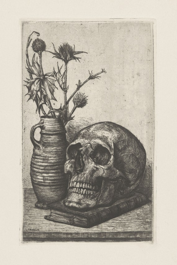 Gothic Skull Still Life Art Print: Spooky Antique Drawing (digital