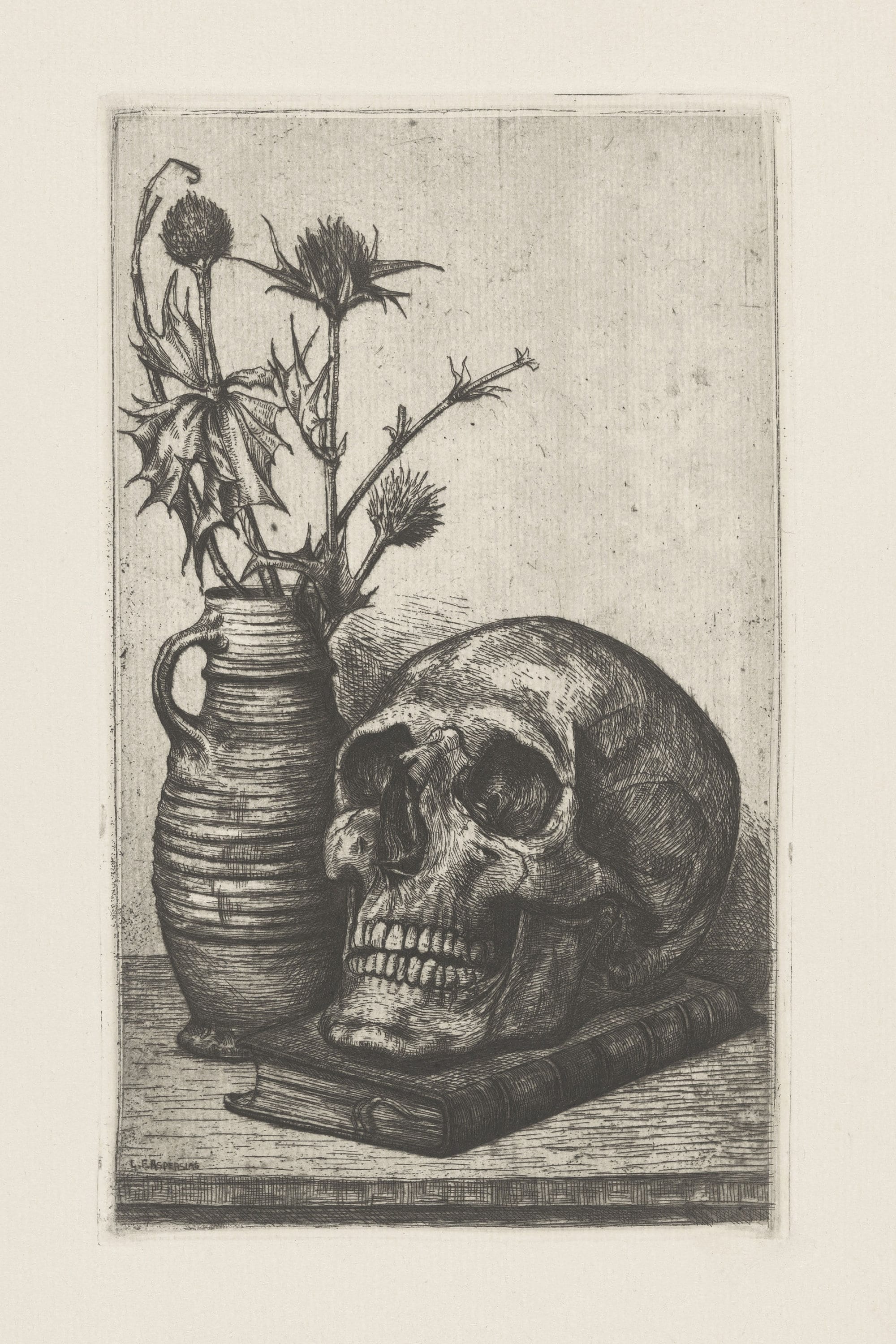 Gothic Skull Still Life Art Print: Spooky Antique Drawing (digital