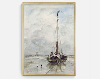 Sailing Art Printable, Antique Nautical Digital Art Download, Sailboat Oil Painting
