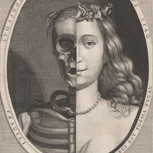 May include: An antique black and white engraving depicting a woman's face split in half, one side a skull, the other a youthful face. A snake and text are included in the oval frame.