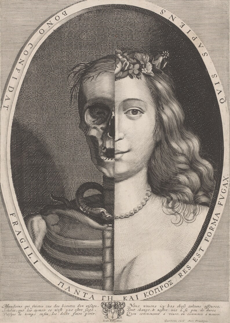 May include: An antique black and white engraving depicting a woman's face split in half, one side a skull, the other a youthful face. A snake and text are included in the oval frame.