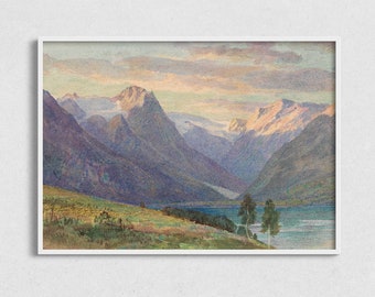 Vintage Mountain Lake Landscape Painting: Antique Art Print (Digital Download)