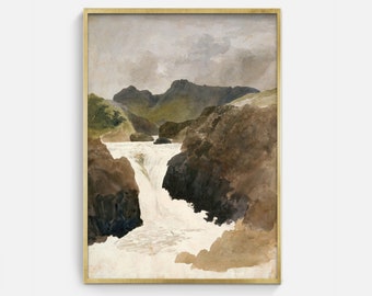 May include: A watercolor painting of a waterfall cascading down rocky cliffs. The water is white and foamy, and the cliffs are a mix of brown and green. The sky is cloudy and gray.