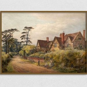 Vintage Landscape with House Artwork, Digital Download Printable Wall Art. Antique Landscape Painting